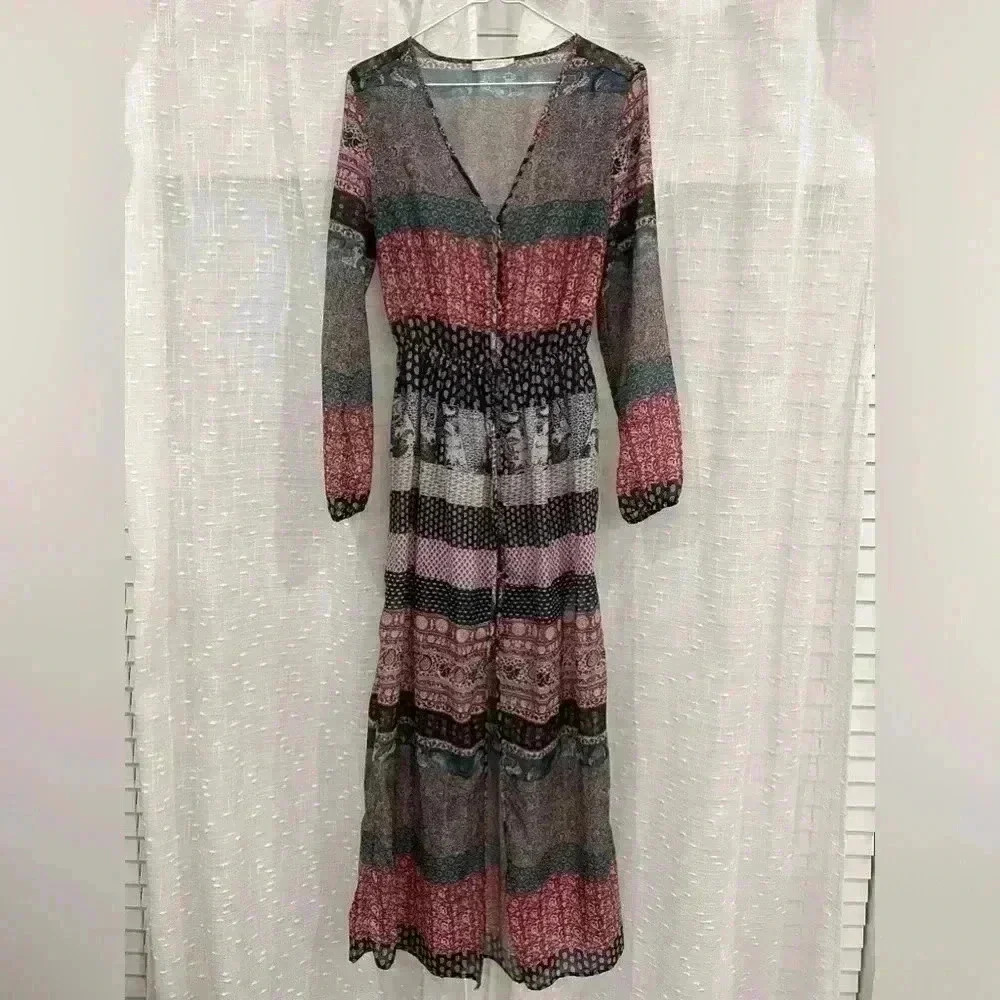 Pull & Bear Women's Multicolored Dress Robe Size M Button Front Long Sleeve - Picture 2 of 4